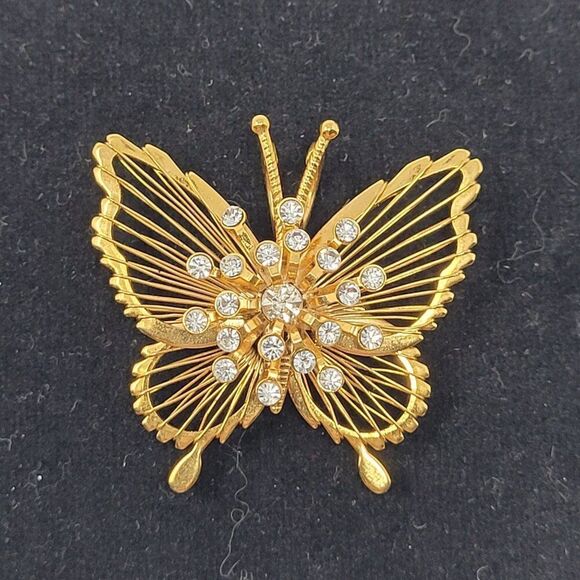 Vintage Gold Tone Filigree Butterfly Brooch Pin Pendant Starburst Rhinestone 3D - Picture 1 of 9